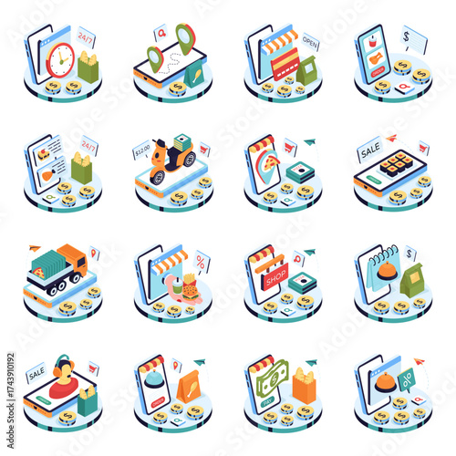 Set of Online Food Order Isometric Illustrations