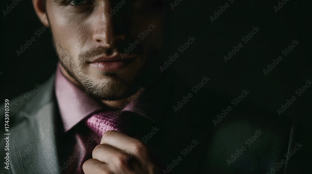 Fototapeta premium Close up of a man in a suit adjusting his pink tie with dramatic lighting
