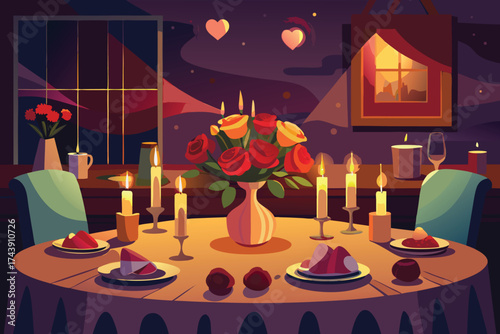 Luxury romantic dinner for two at a restaurant with a candlelit table, wine glass, and flower decoration