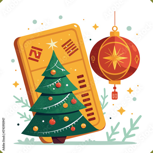Vector illustration of a festive Christmas ticket with decorated tree and stars, isolated on a white background