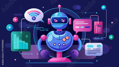 Illustration of a cartoon robot with data connections