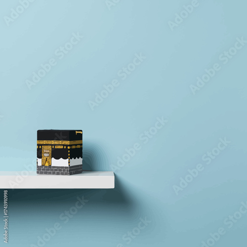 Kaaba Miniature on White Shelf, Black and Gold Islamic Symbol