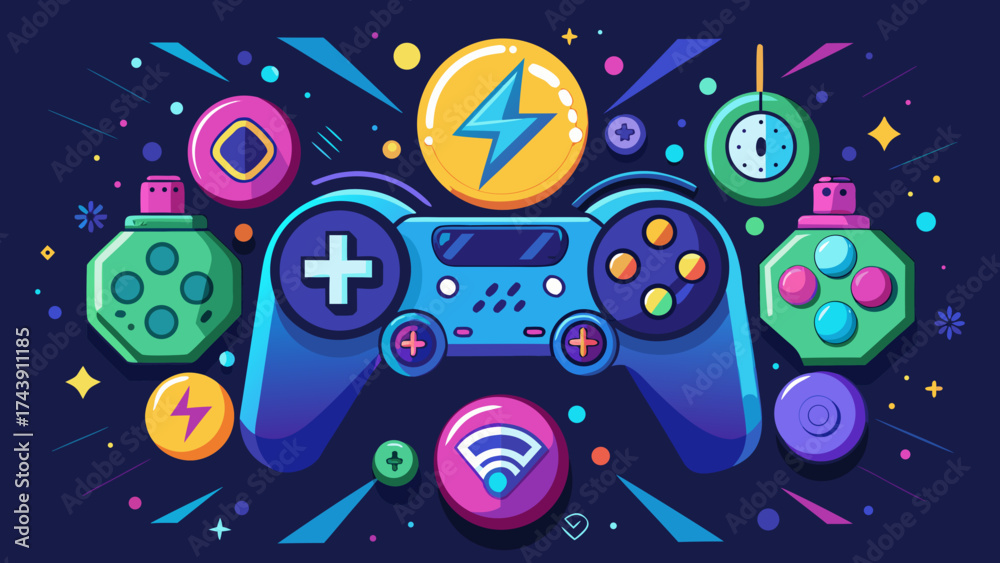 Obraz premium Stylized gaming controller surrounded by game elements