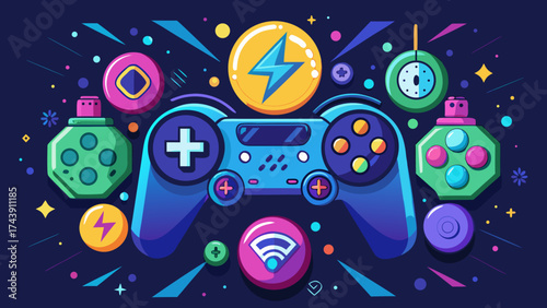 Stylized gaming controller surrounded by game elements