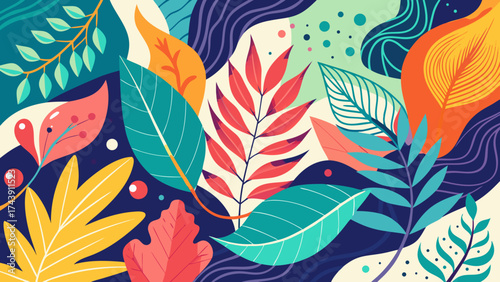 Colorful abstract leaves and shapes in a flat design