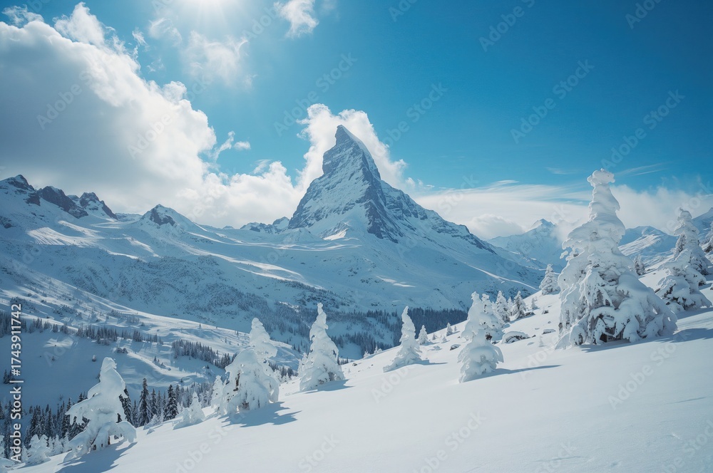 Obraz premium Snowy Winter Trek with Mountain Views and Blue Skies