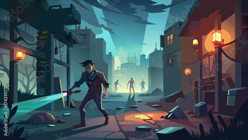 Man with light faces figures in a ruined cityscape