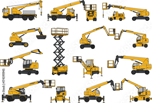 Construction machinery icons, crane, boom lift, scissor lift, cherry picker, telescopic handler, yellow equipment, industrial vehicle, side view, vector set, lifting tools