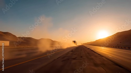 A powerful truck drives across a dusty desert road at sunrise, symbolizing endurance, independence, and the unstoppable movement of global logistics routes.
