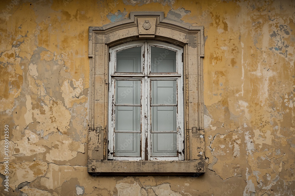 Fototapeta premium Old yellow stone wall featuring a window with a white wooden frame. Classic architectural elements and textured background.