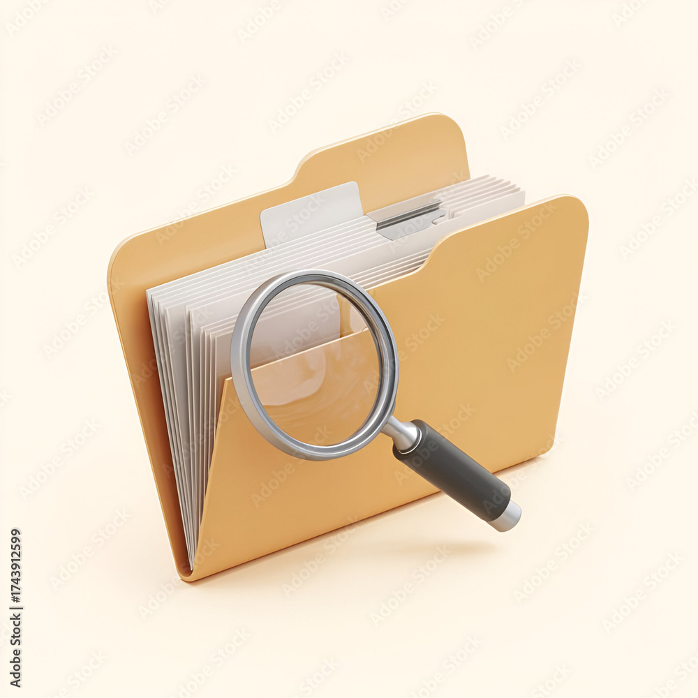 Obraz premium Magnifying glass over an open file folder containing organized documents.
