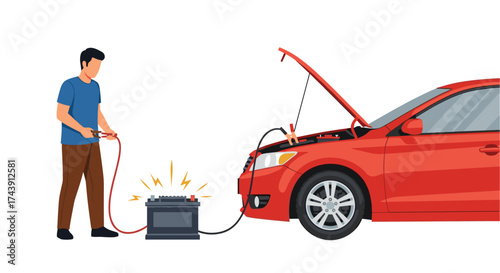 Reviving a red car with a jump start for automotive repairs, showing roadside assistance and car maintenance solutions with a man connecting the battery