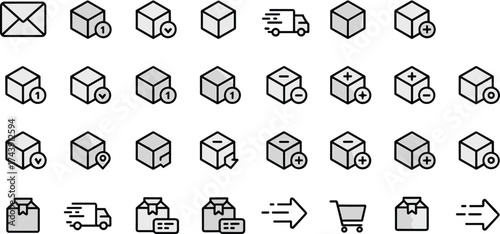 Delivery icon set, package box icons, shipping and logistics symbols, parcel tracking illustration, courier service design, e-commerce delivery elements, online shopping icons, vector collection