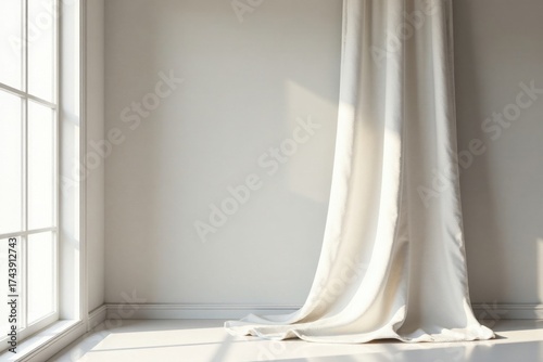 Serene Minimalist Interior Sunlight Illuminates a Draped Fabric Against a Blank Wall in a Room with a Large Window