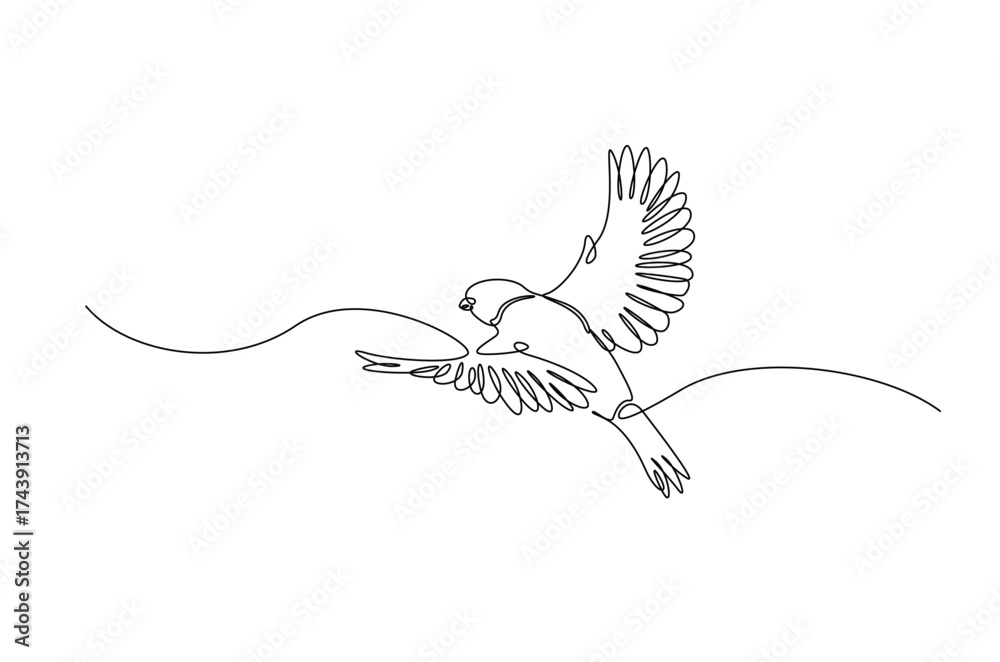 Fototapeta premium Flying sparrow bird in continuous one line drawing. Single line art illustration of cute sparrow bird. Editable vector.