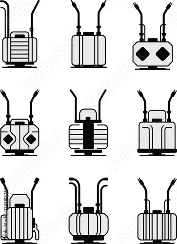 Electric backpack sprayer silhouette set, agriculture spray equipment, pesticide tank vector icons, black and white illustration, farming sprayers, garden tool equipment design.