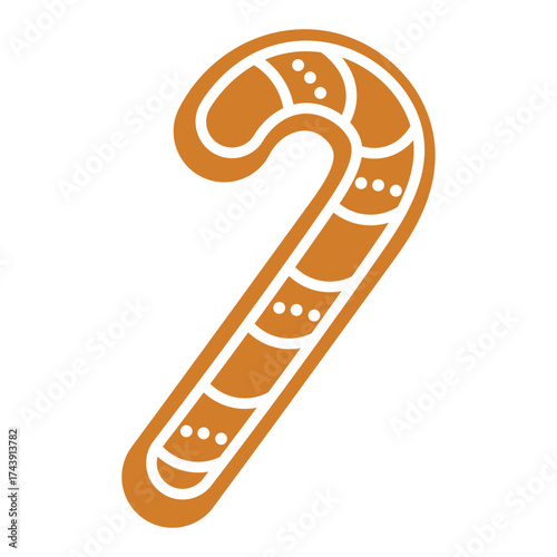 Flat style illustration of a gingerbread candy cane cookie, perfect for Christmas, New Year, winter holiday baking, and festive food designs