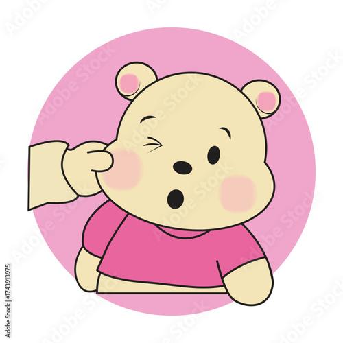 Adorable kawaii cartoon bear character wearing a pink shirt with blushing cheeks and a funny cheerful expression perfect for playful designs