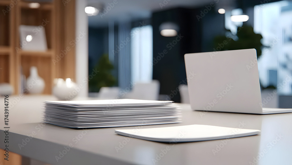 Fototapeta premium Modern office workspace with laptop and stacked papers on table.