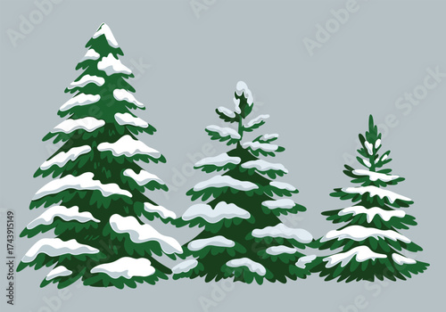 Three evergreen christmas trees covered in fresh snow standing together outdoors silhouette