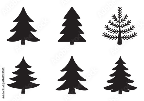 Set of six stylized christmas tree silhouettes for festive winter holidays silhouette