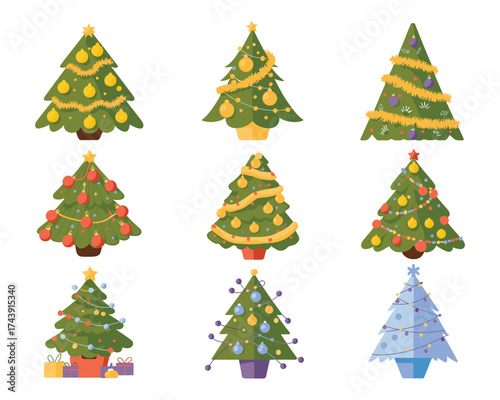 Collection of nine decorated christmas trees with lights ornaments and gifts silhouette