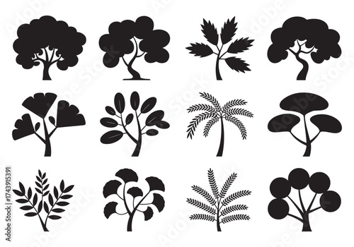 Collection of diverse tree silhouettes for nature graphics and design projects silhouette