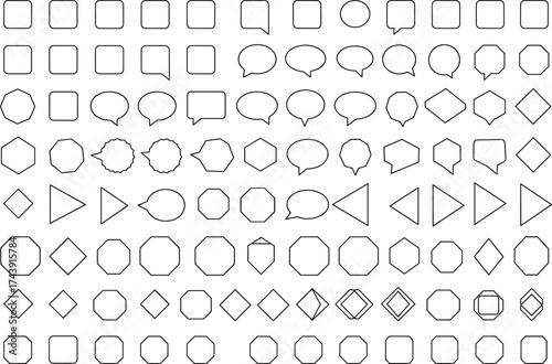 Geometric shapes, speech bubbles, squares, circles, diamonds, triangles, hexagons, octagons, filled and outlined icons, black and white grid, vector symbols, UI elements