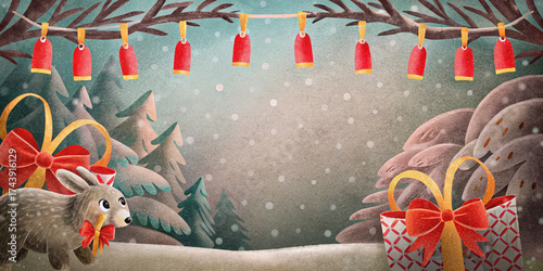 Winter holiday scene with bear wearing red bow near gift boxes under hanging red lanterns for Black Friday shopping joy