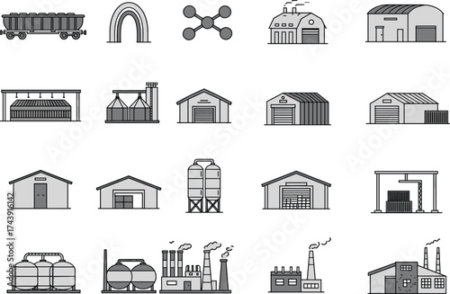 Industrial building icons, factory silhouette, warehouse, silo, refinery, power plant, piping system, storage tank, ventilation structure, black and white vector, infrastructure set
