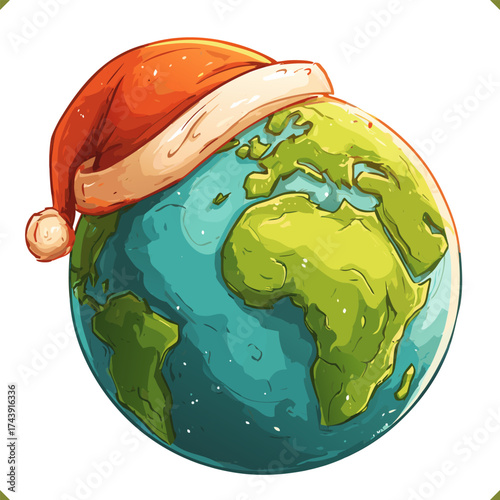 Vector illustration of planet Earth wearing a Santa hat, symbol of global Christmas celebration, isolated on a white background