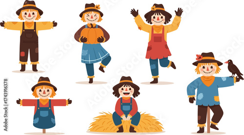 Cute scarecrow characters collection for autumn harvest festival events, adding a whimsical touch to your seasonal designs and bringing smiles to everyone