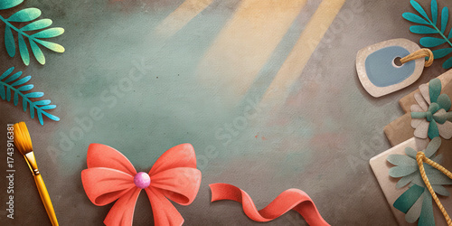 Black Friday holiday shopping concept with decorative bow gift tag and paintbrush on textured background