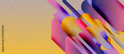 Abstract composition. Geometric shapes overlap, creating vibrant color gradients. Yellow background contrasts with pinks, blues, oranges. Modern design.