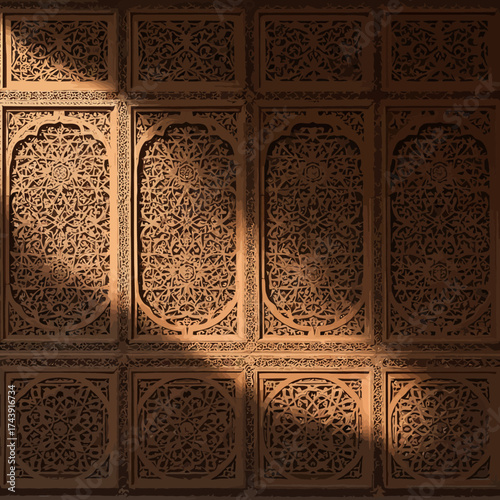 Intricate Geometric Wood Carving Screen with Warm Sunlight