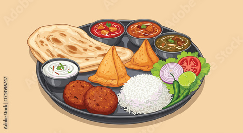 Delicious Indian cuisine with a vibrant platter of samosas, curries, rice, and naan bread, perfect for a restaurant menu or food blog