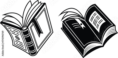 Two black and white open books with pages fanned reading