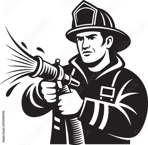 Brave firefighter sprays water with powerful hose