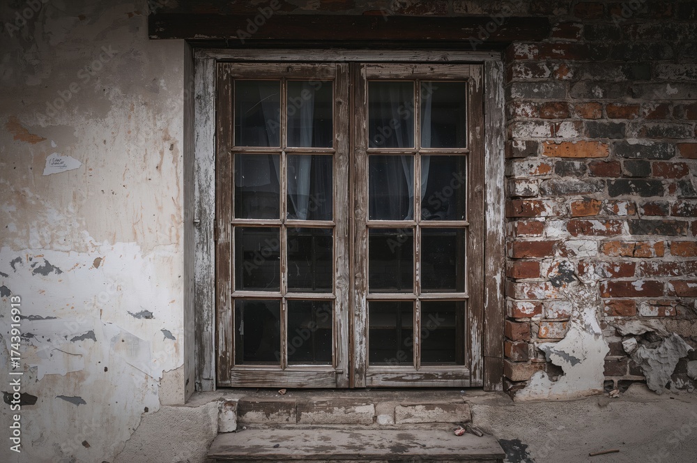 Obraz premium Aged fragile wooden window frames with peeling paint and weathered bricks showing signs of decay on faded white walls