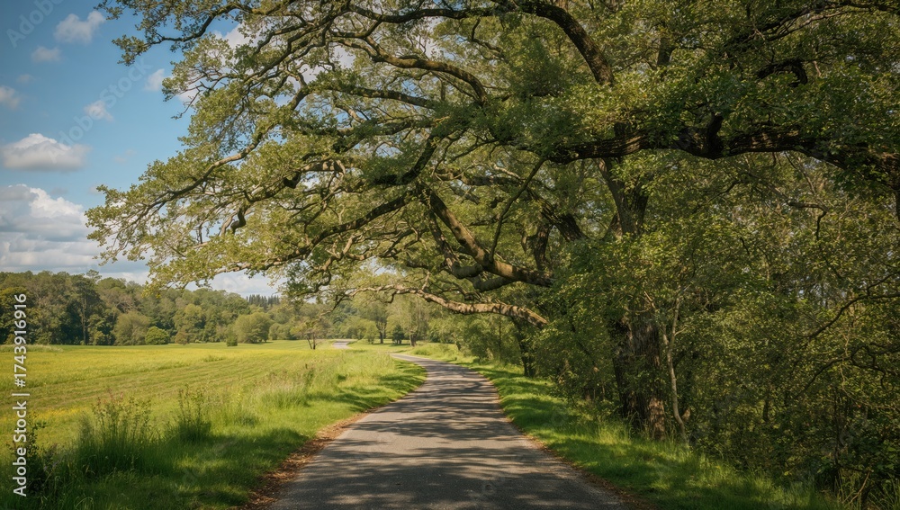 Fototapeta premium Rustic lane bordered by towering oaks
