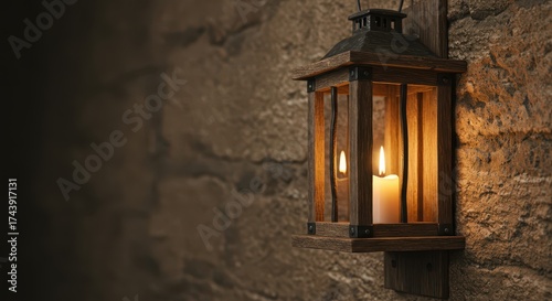 Illuminated candle inside a wooden lantern, affixed to a rough-hewn stone wall, emits a warm, inviting glow with reflections, creating a cozy atmosphere.