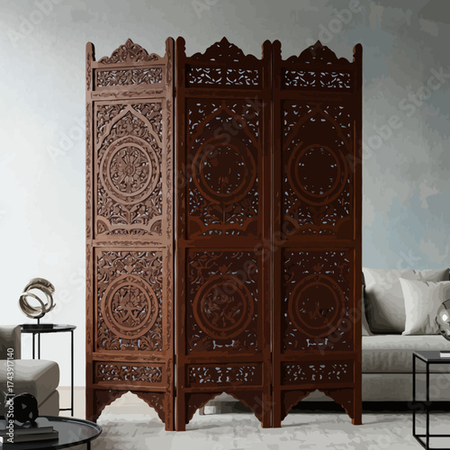 Ornate Carved Wooden Three-Panel Folding Screen Room Divider