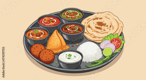Delicious Indian Thali with Curries, Samosa, and Naan Bread for a Vibrant and Flavorful Meal, Perfect for Food Blogs and Restaurant Menus