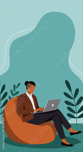 Person working remotely on laptop from comfy bean bag chair Flexible workspace illustration