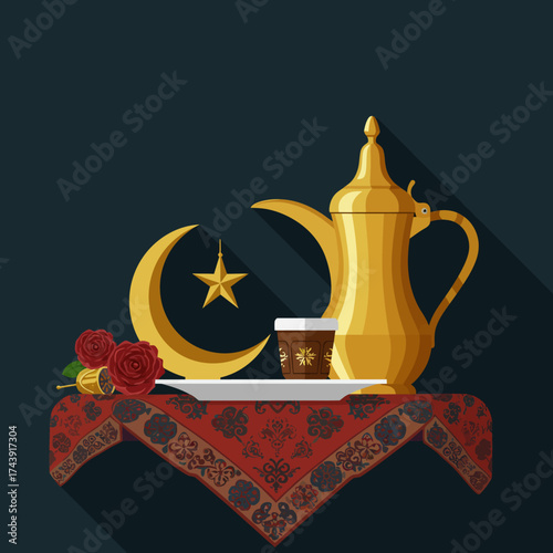 Ramadan Still Life: Golden Coffee Pot, Crescent Moon, Star, Roses, and Patterned Cloth