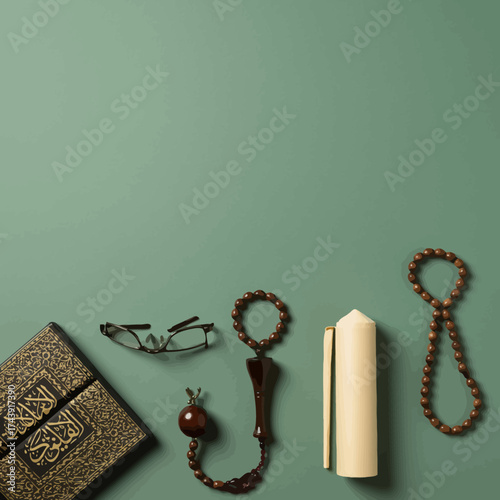 Golden patterned Quran, dark wooden prayer beads, reading glasses, and cream candle for spiritual reflection.