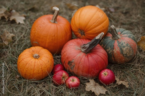 Assorted mature pumpkins and crimson apples resting on dried grass in a fall orchard. Seasonal background for harvest celebrations and spooky festivities. Close-up shot.
