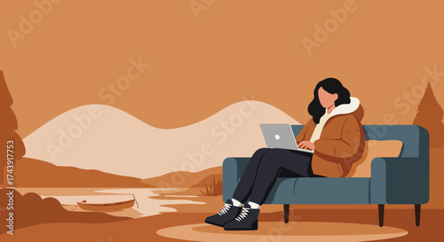 Woman working remotely on laptop outdoors in a peaceful mountain lake landscape