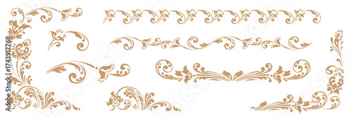 Vintage swirl-style ornament. Russian style, leaf pattern, elegant filigree ornament. Golden arabesque decorative elements. Vector Slavic traditional motif. Suitable for card, wedding, and invitation.