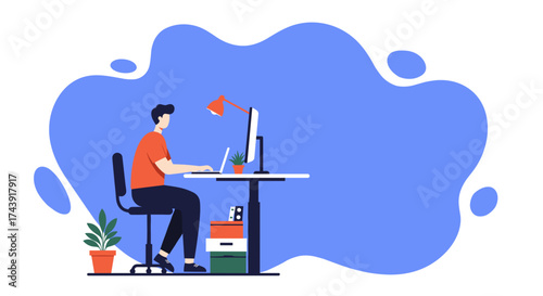 Man working remotely at desk with laptop Modern work digital lifestyle home office concept